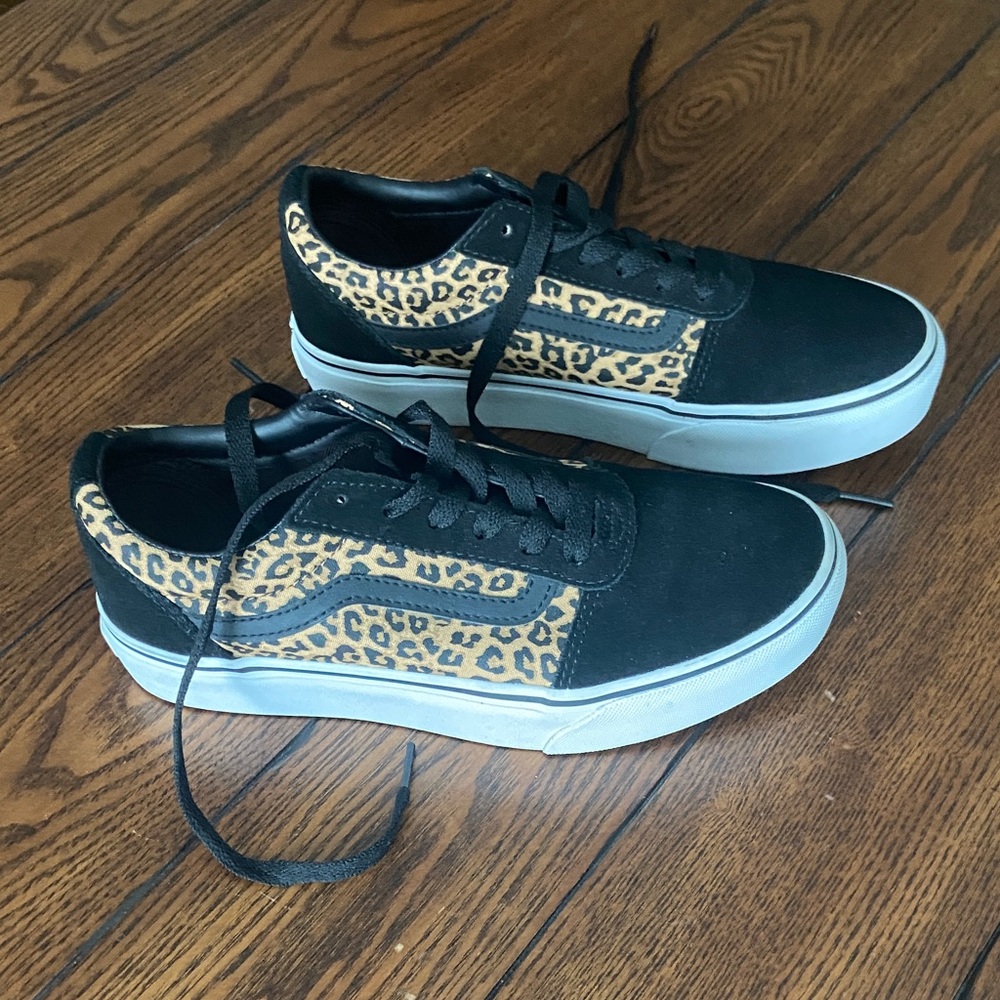 Girls Vans Black and Leopard Pattern Sneakers
